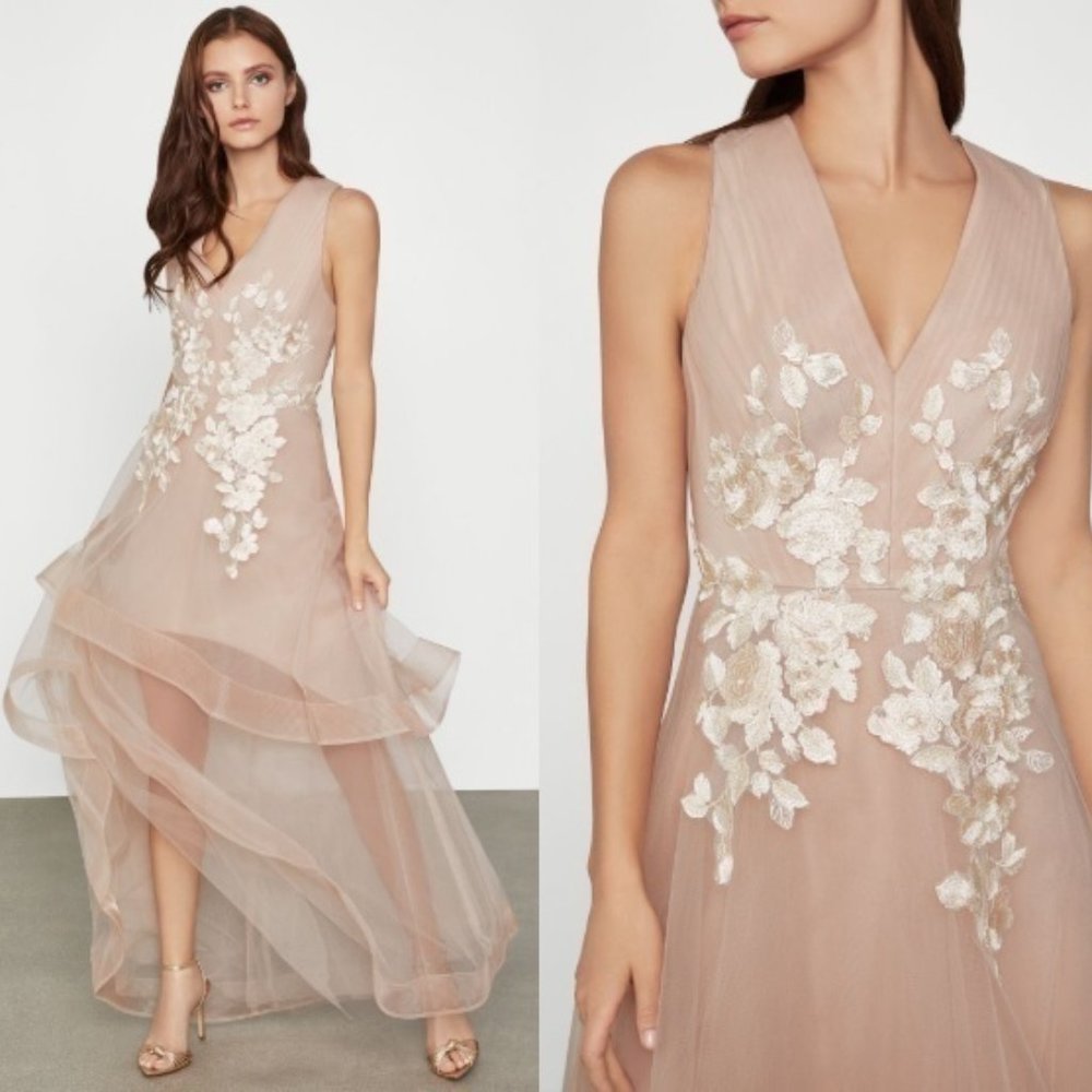 NWT BCBGMAXAZRIA BCBG Appliquéd Asymmetrical Gown Dress Bare Pink Size 2